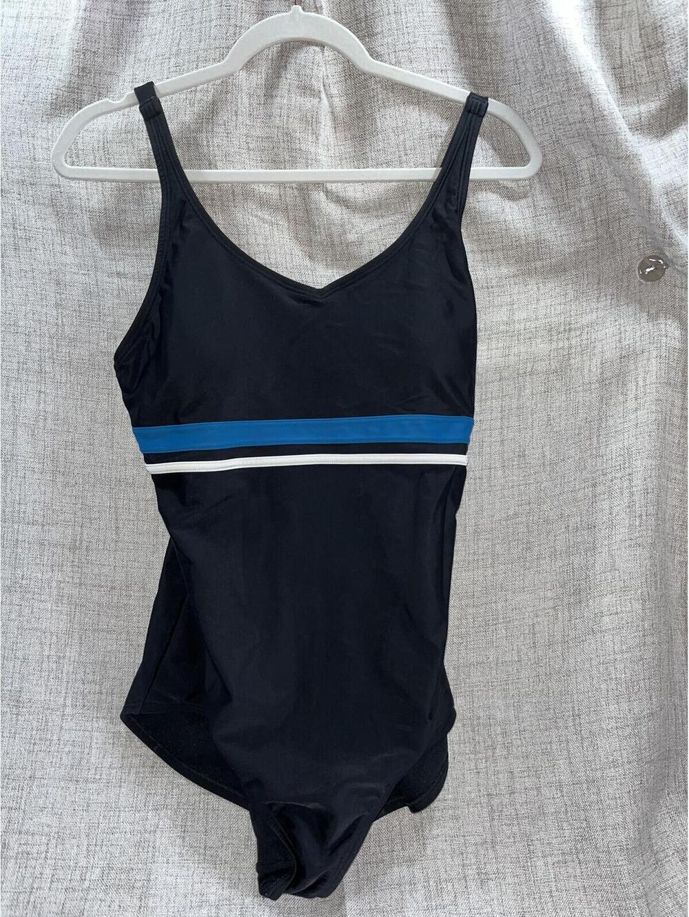 Speedo One Piece V-Neck Large EUC Black w/ Blue and White Stripe
